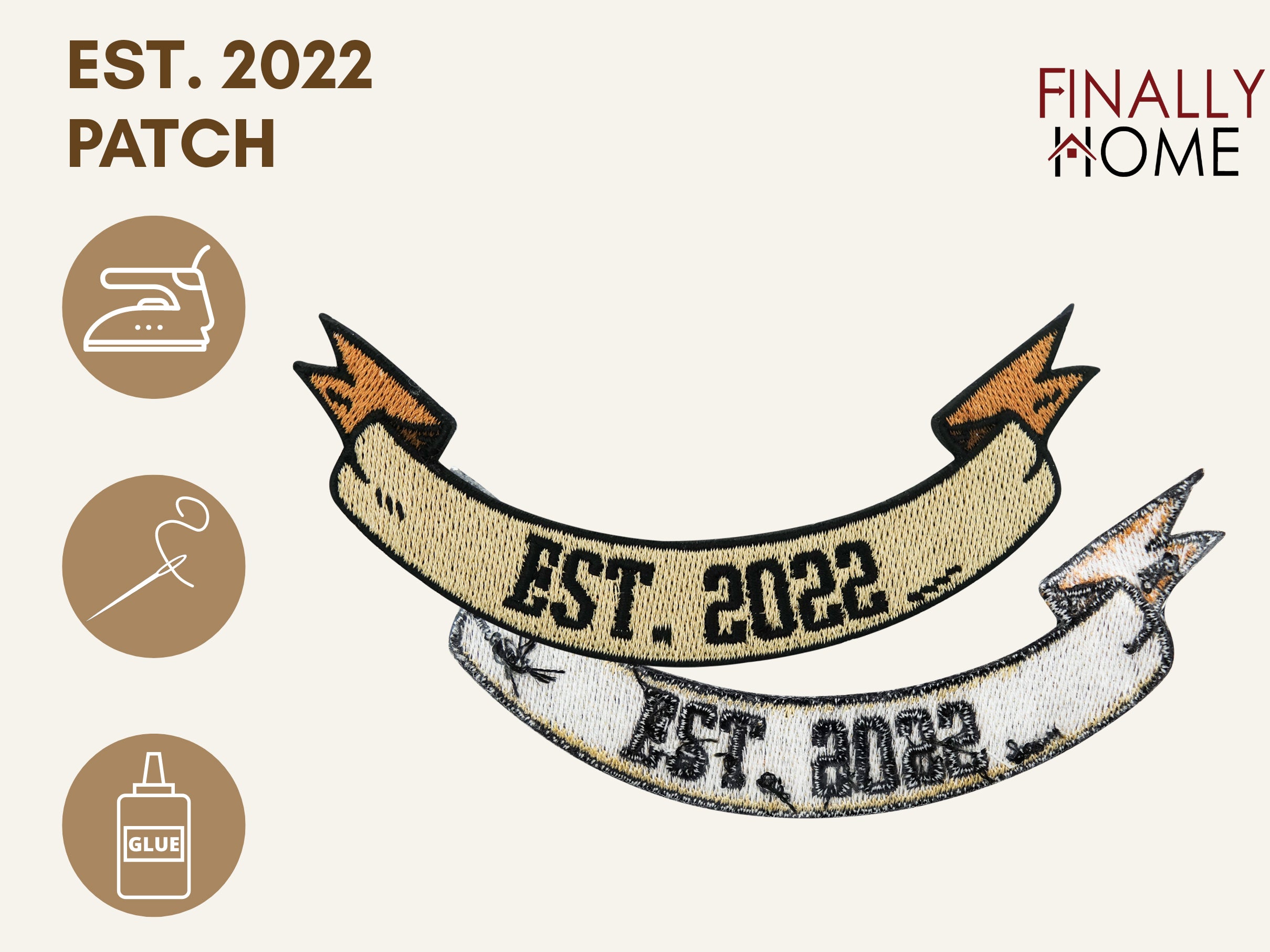 Vorder- und Rückseite des Patches, mit Bügelfolie. „Finally Home“ Logo und Nutzungsoptionen: Aufbügeln, Aufnähen, Aufkleben mit Textilkleber