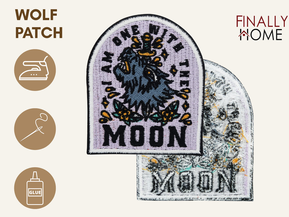 Vorder- und Rückseite des Patches, mit Bügelfolie. „Finally Home“ Logo und Nutzungsoptionen: Aufbügeln, Aufnähen, Aufkleben mit Textilkleber