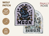Vorder- und Rückseite des Patches, mit Bügelfolie. „Finally Home“ Logo und Nutzungsoptionen: Aufbügeln, Aufnähen, Aufkleben mit Textilkleber