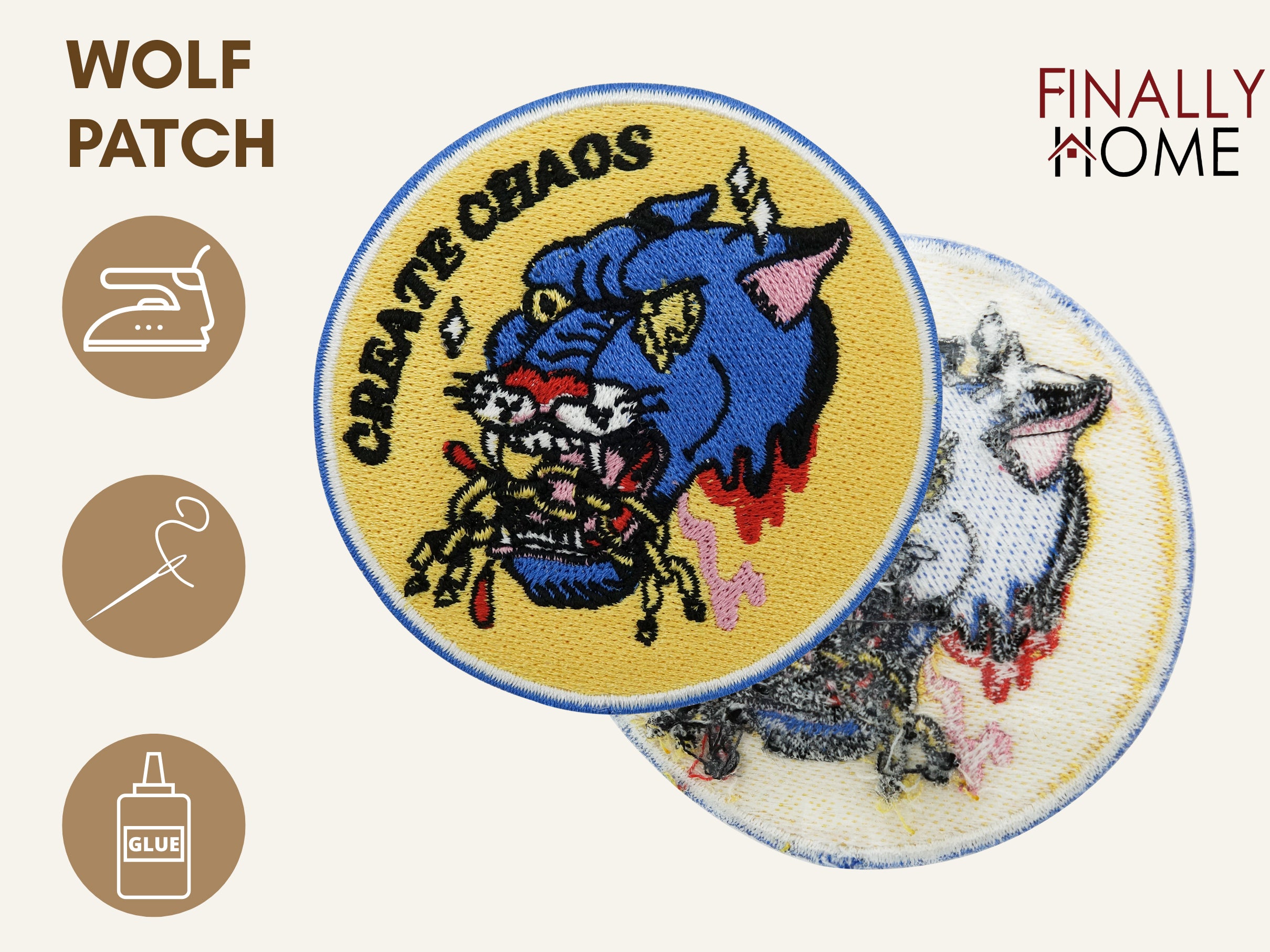 Vorder- und Rückseite des Patches, mit Bügelfolie. „Finally Home“ Logo und Nutzungsoptionen: Aufbügeln, Aufnähen, Aufkleben mit Textilkleber