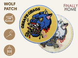 Vorder- und Rückseite des Patches, mit Bügelfolie. „Finally Home“ Logo und Nutzungsoptionen: Aufbügeln, Aufnähen, Aufkleben mit Textilkleber