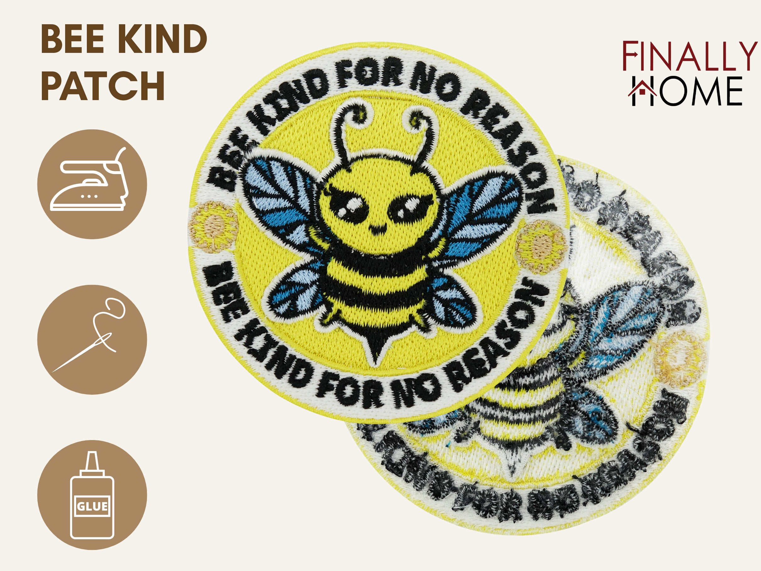 Vorder- und Rückseite des Patches, mit Bügelfolie. „Finally Home“ Logo und Nutzungsoptionen: Aufbügeln, Aufnähen, Aufkleben mit Textilkleber