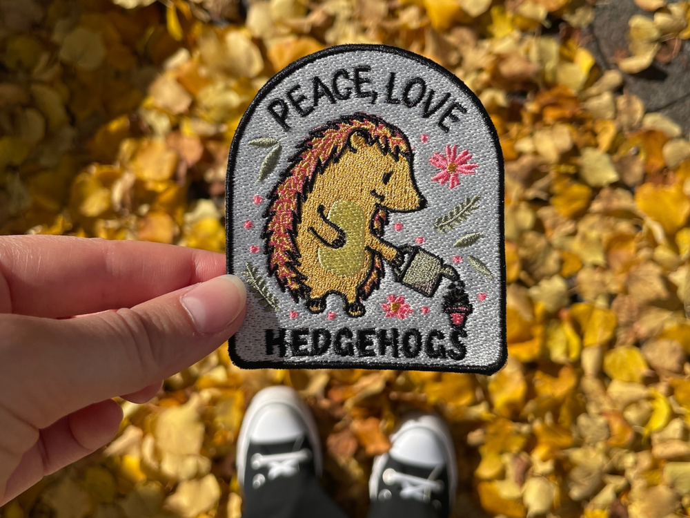 Igel Patch gehalten von einer Frauenhand mit herbstlichen Blättern im Hintergrund