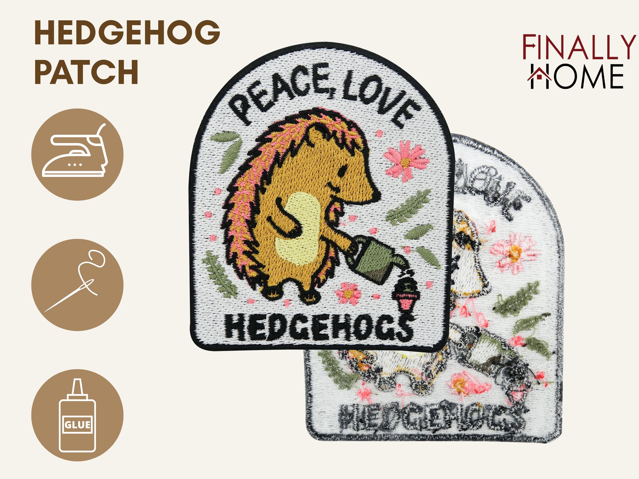 Vorder- und Rückseite des Patches, mit Bügelfolie. „Finally Home“ Logo und Nutzungsoptionen: Aufbügeln, Aufnähen, Aufkleben mit Textilkleber