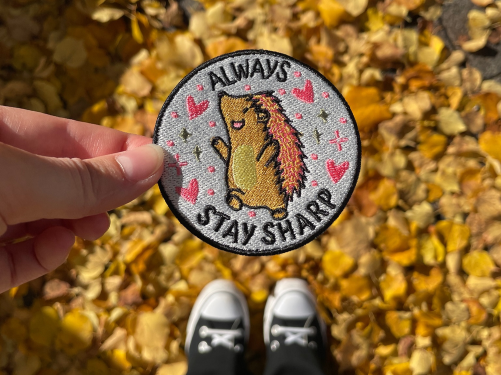Igel Patch gehalten von einer Frauenhand vor herbstlichem Hintergrund