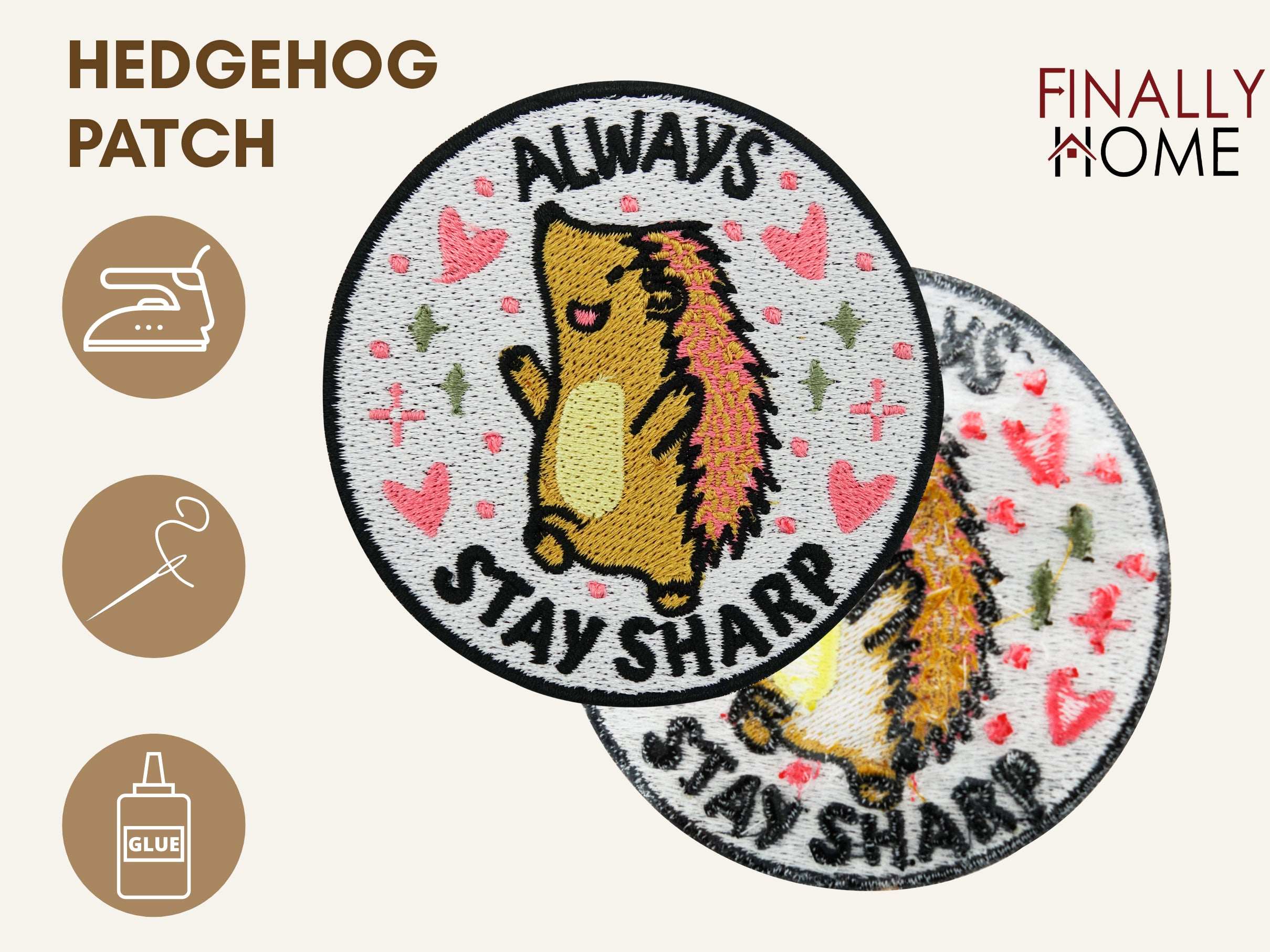 Vorder- und Rückseite des Patches, mit Bügelfolie. „Finally Home“ Logo und Nutzungsoptionen: Aufbügeln, Aufnähen, Aufkleben mit Textilkleber