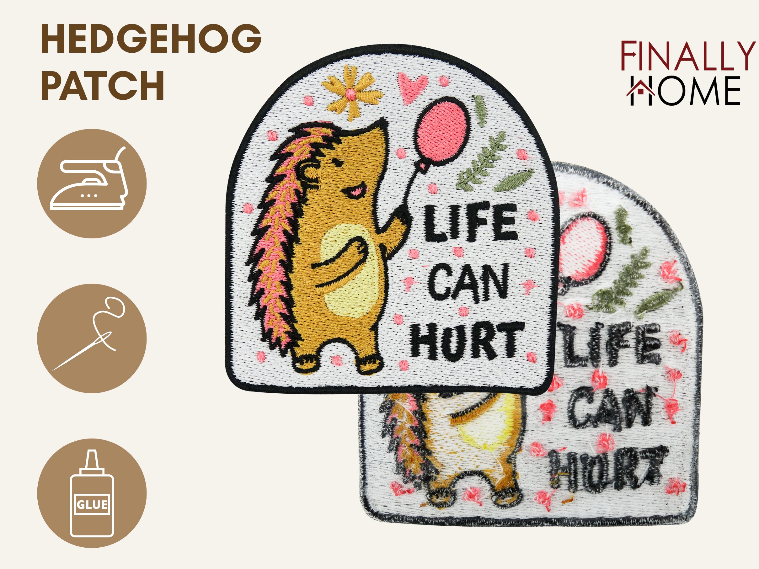  Vorder- und Rückseite des Patches, mit Bügelfolie. „Finally Home“ Logo und Nutzungsoptionen: Aufbügeln, Aufnähen, Aufkleben mit Textilkleber