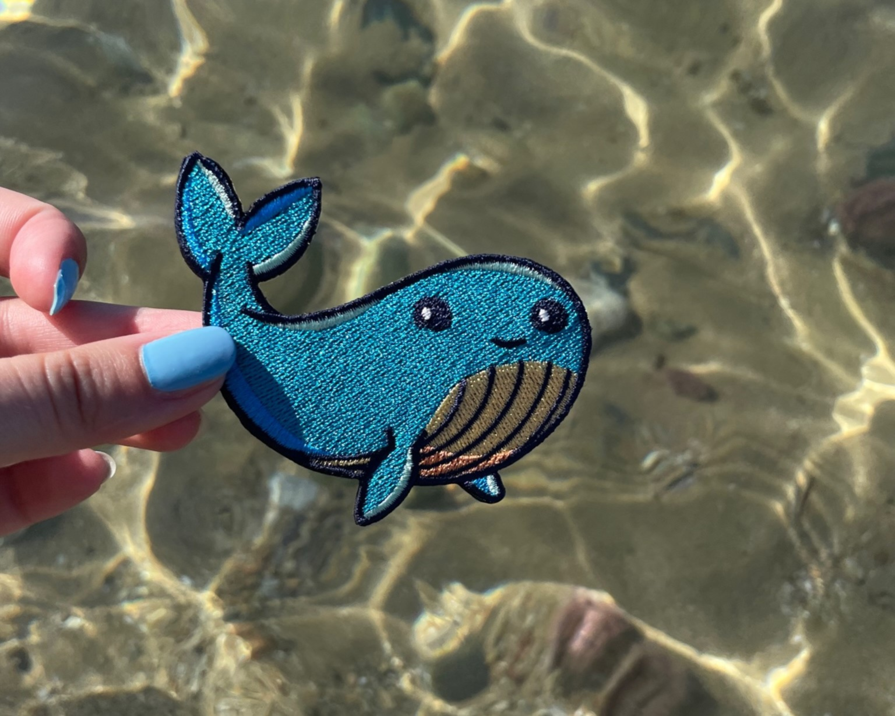 Wal Patch gehalten von einer Frauenhand mit dem Meer im Hintergrund
