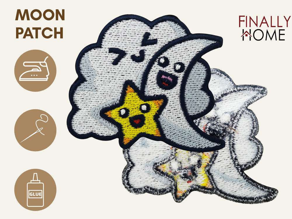Vorder- und Rückseite des Patches, mit Bügelfolie. „Finally Home“ Logo und Nutzungsoptionen: Aufbügeln, Aufnähen, Aufkleben mit Textilkleber