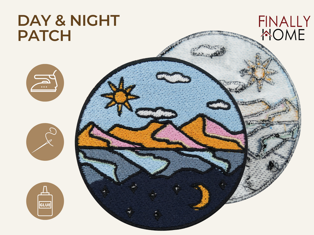 Vorder- und Rückseite des Patches, mit Bügelfolie. „Finally Home“ Logo und Nutzungsoptionen: Aufbügeln, Aufnähen, Aufkleben mit Textilkleber