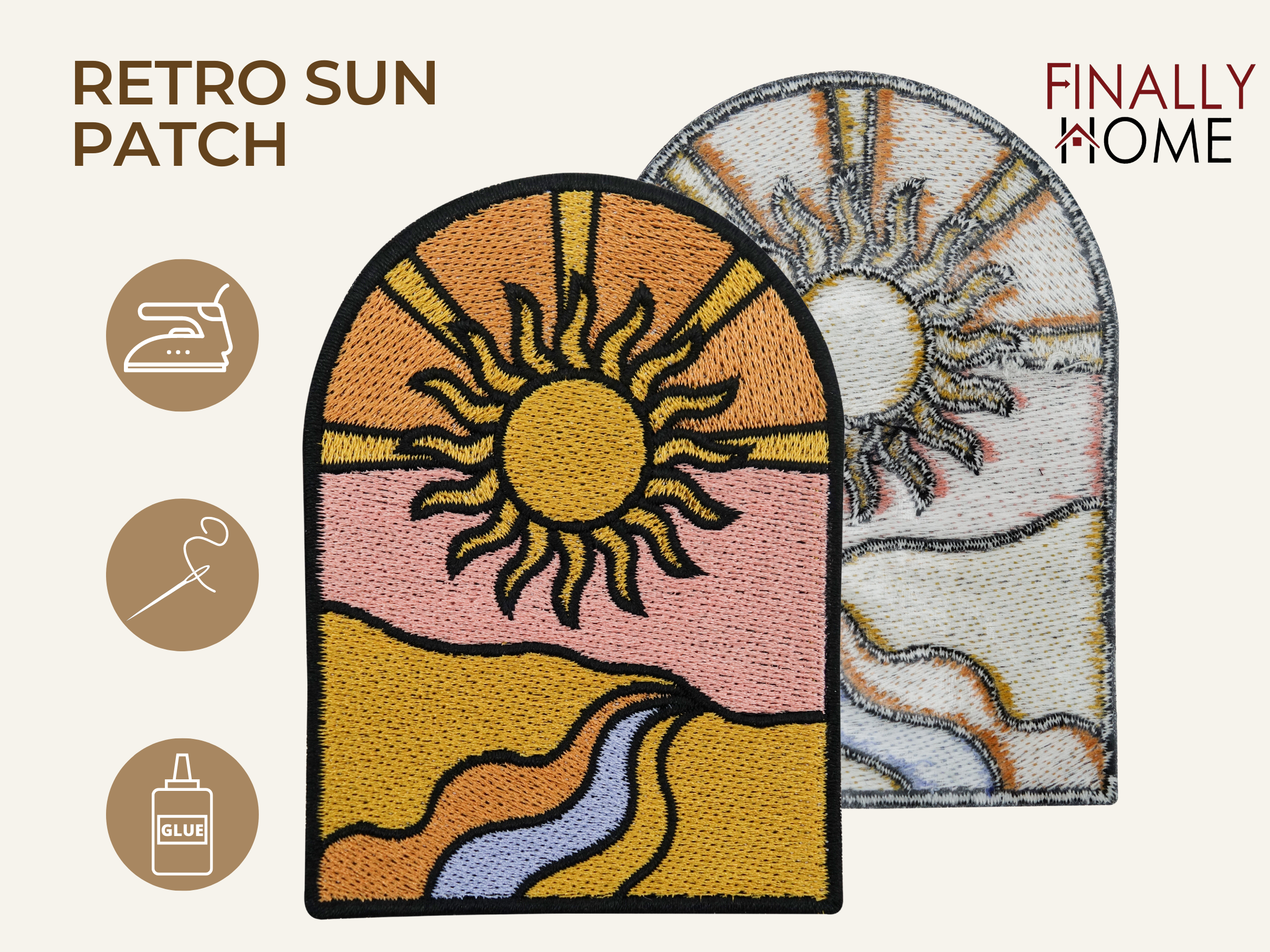 Vorder- und Rückseite des Patches, mit Bügelfolie. „Finally Home“ Logo und Nutzungsoptionen: Aufbügeln, Aufnähen, Aufkleben mit Textilkleber
