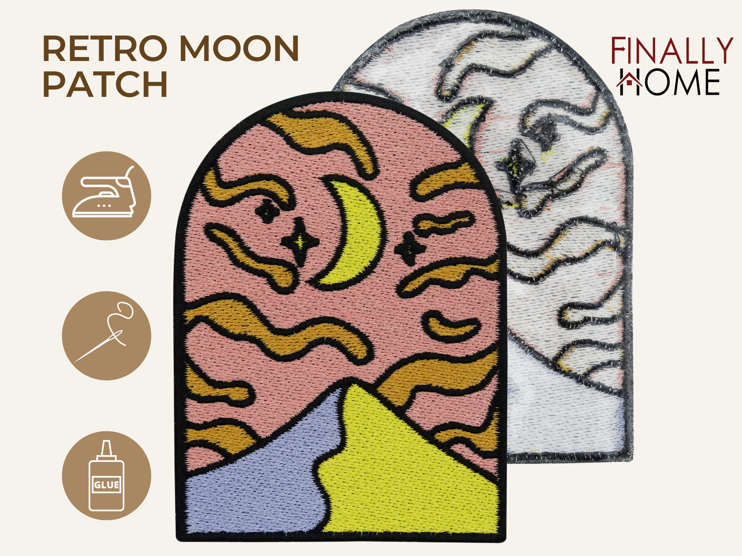 Vorder- und Rückseite des Patches, mit Bügelfolie. „Finally Home“ Logo und Nutzungsoptionen: Aufbügeln, Aufnähen, Aufkleben mit Textilkleber