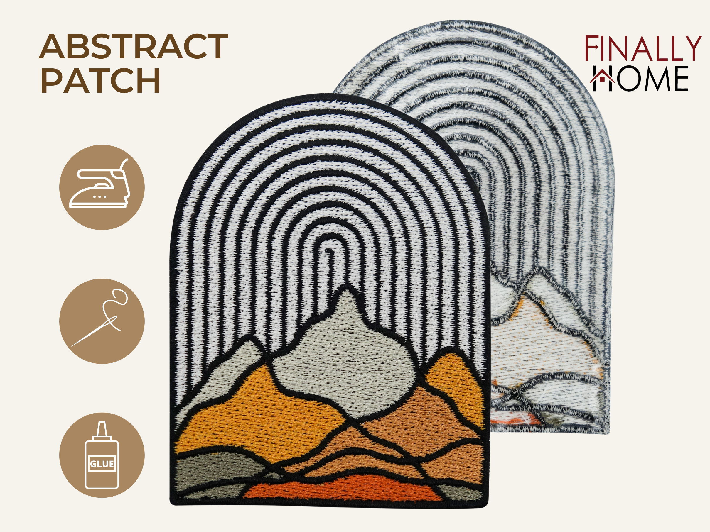 Vorder- und Rückseite des Patches, mit Bügelfolie. „Finally Home“ Logo und Nutzungsoptionen: Aufbügeln, Aufnähen, Aufkleben mit Textilkleber