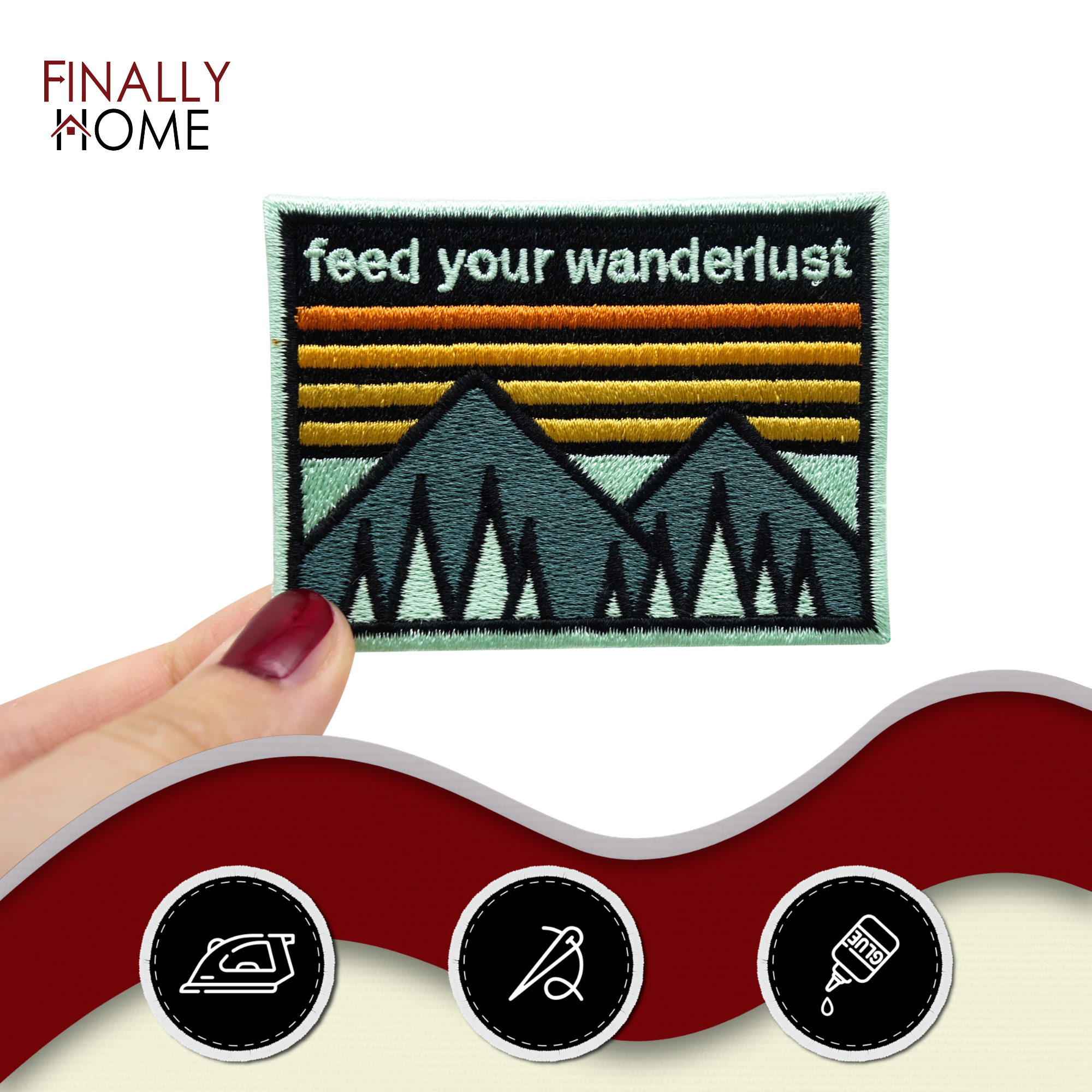 Feed your Wanderlust | Berg Patches, Natur Bügelbild, Wanderer Aufbügler, Retro Camping Aufnäher, Outdoor Bügelpatch, Finally Home Patch zum Aufbügeln