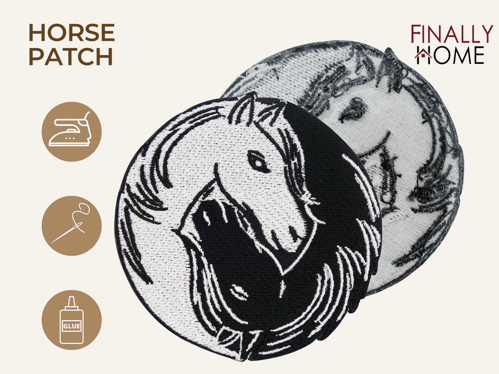 Vorder- und Rückseite des Patches, mit Bügelfolie. „Finally Home“ Logo und Nutzungsoptionen: Aufbügeln, Aufnähen, Aufkleben mit Textilkleber