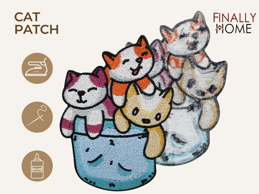 Vorder- und Rückseite des Patches, mit Bügelfolie. „Finally Home“ Logo und Nutzungsoptionen: Aufbügeln, Aufnähen, Aufkleben mit Textilkleber