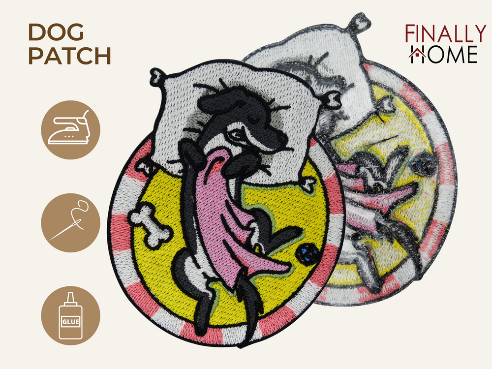 
Vorder- und Rückseite des Patches, mit Bügelfolie. „Finally Home“ Logo und Nutzungsoptionen: Aufbügeln, Aufnähen, Aufkleben mit Textilkleber
