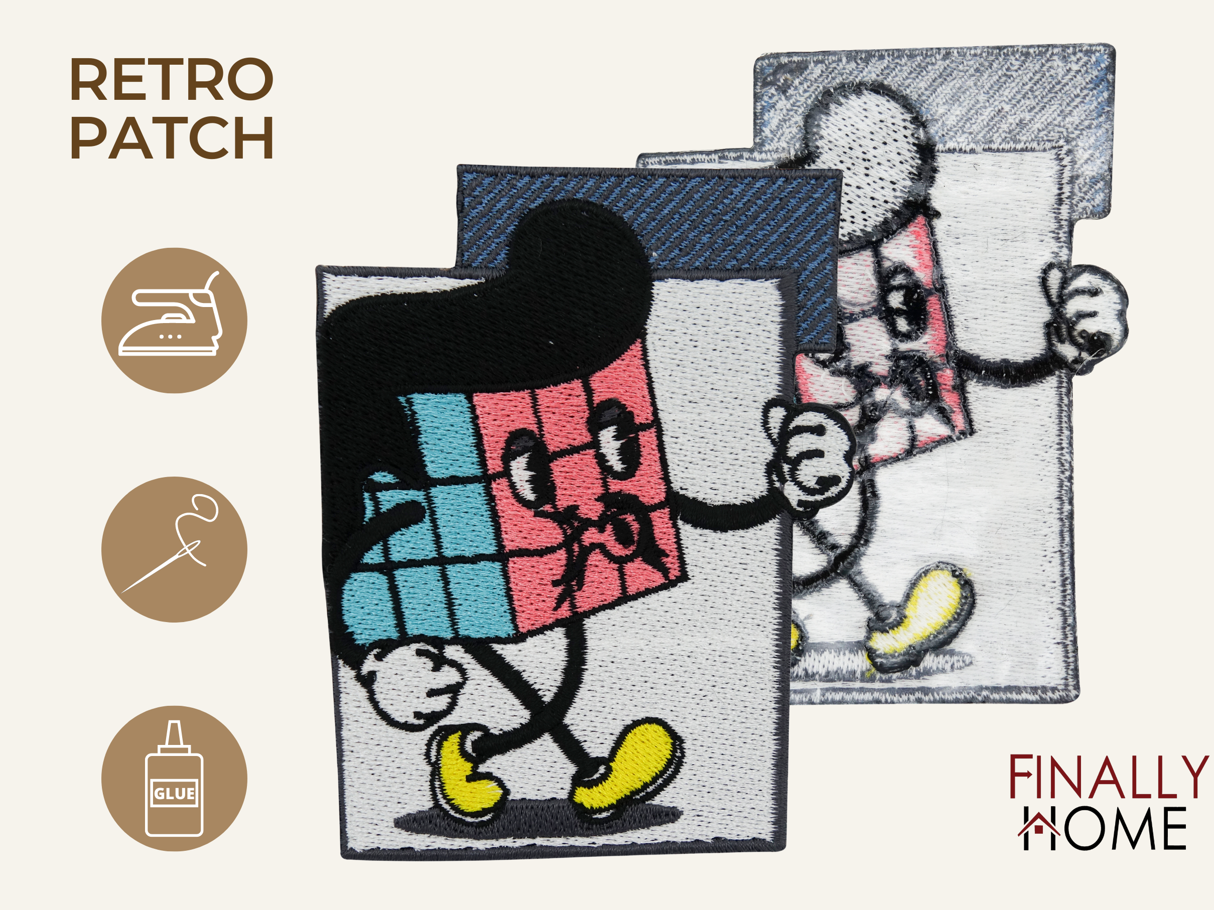 Vorder- und Rückseite des Patches, mit Bügelfolie. „Finally Home“ Logo und Nutzungsoptionen: Aufbügeln, Aufnähen, Aufkleben mit Textilkleber
