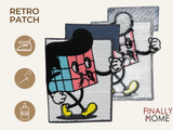 Vorder- und Rückseite des Patches, mit Bügelfolie. „Finally Home“ Logo und Nutzungsoptionen: Aufbügeln, Aufnähen, Aufkleben mit Textilkleber