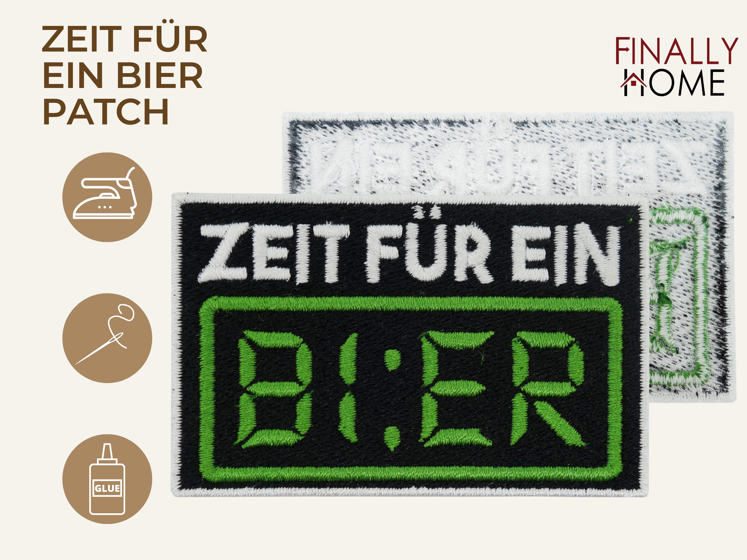 Vorder- und Rückseite des Patches, mit Bügelfolie. „Finally Home“ Logo und Nutzungsoptionen: Aufbügeln, Aufnähen, Aufkleben mit Textilkleber