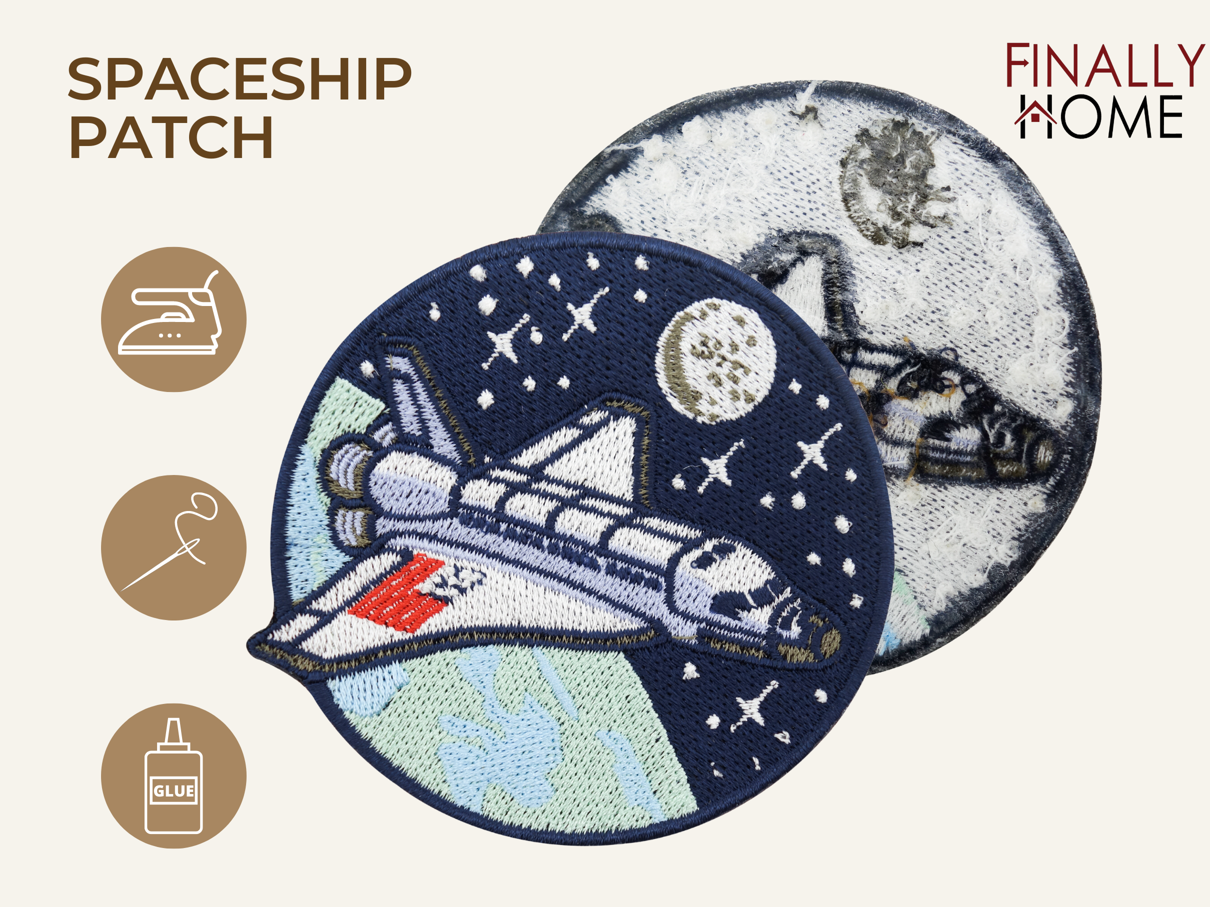 Vorder- und Rückseite des Patches, mit Bügelfolie. „Finally Home“ Logo und Nutzungsoptionen: Aufbügeln, Aufnähen, Aufkleben mit Textilkleber
