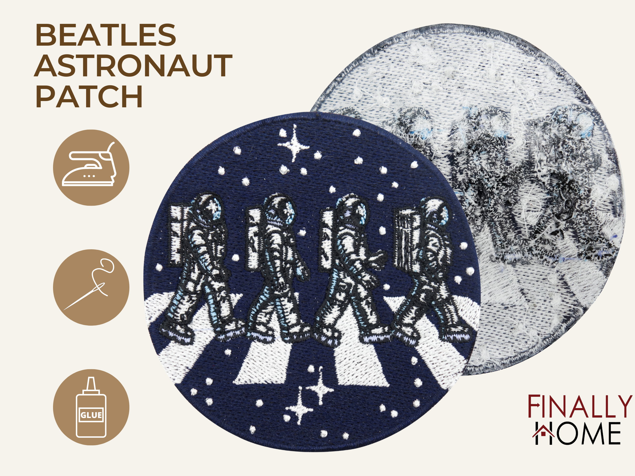 Vorder- und Rückseite des Patches, mit Bügelfolie. „Finally Home“ Logo und Nutzungsoptionen: Aufbügeln, Aufnähen, Aufkleben mit Textilkleber
