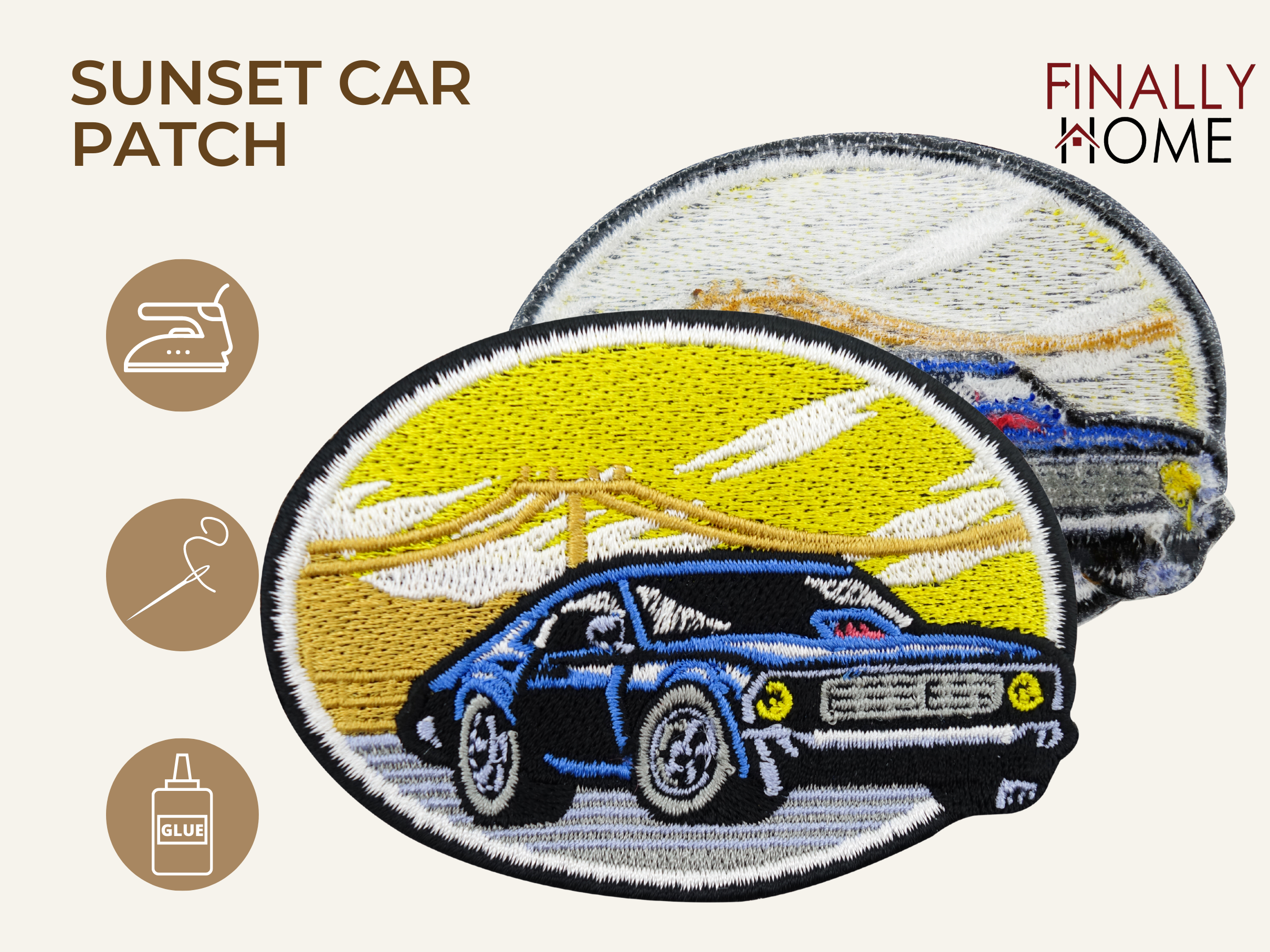 Vorder- und Rückseite des Patches, mit Bügelfolie. „Finally Home“ Logo und Nutzungsoptionen: Aufbügeln, Aufnähen, Aufkleben mit Textilkleber