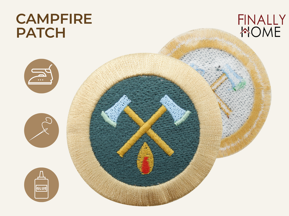 Vorder- und Rückseite des Patches, mit Bügelfolie. „Finally Home“ Logo und Nutzungsoptionen: Aufbügeln, Aufnähen, Aufkleben mit Textilkleber