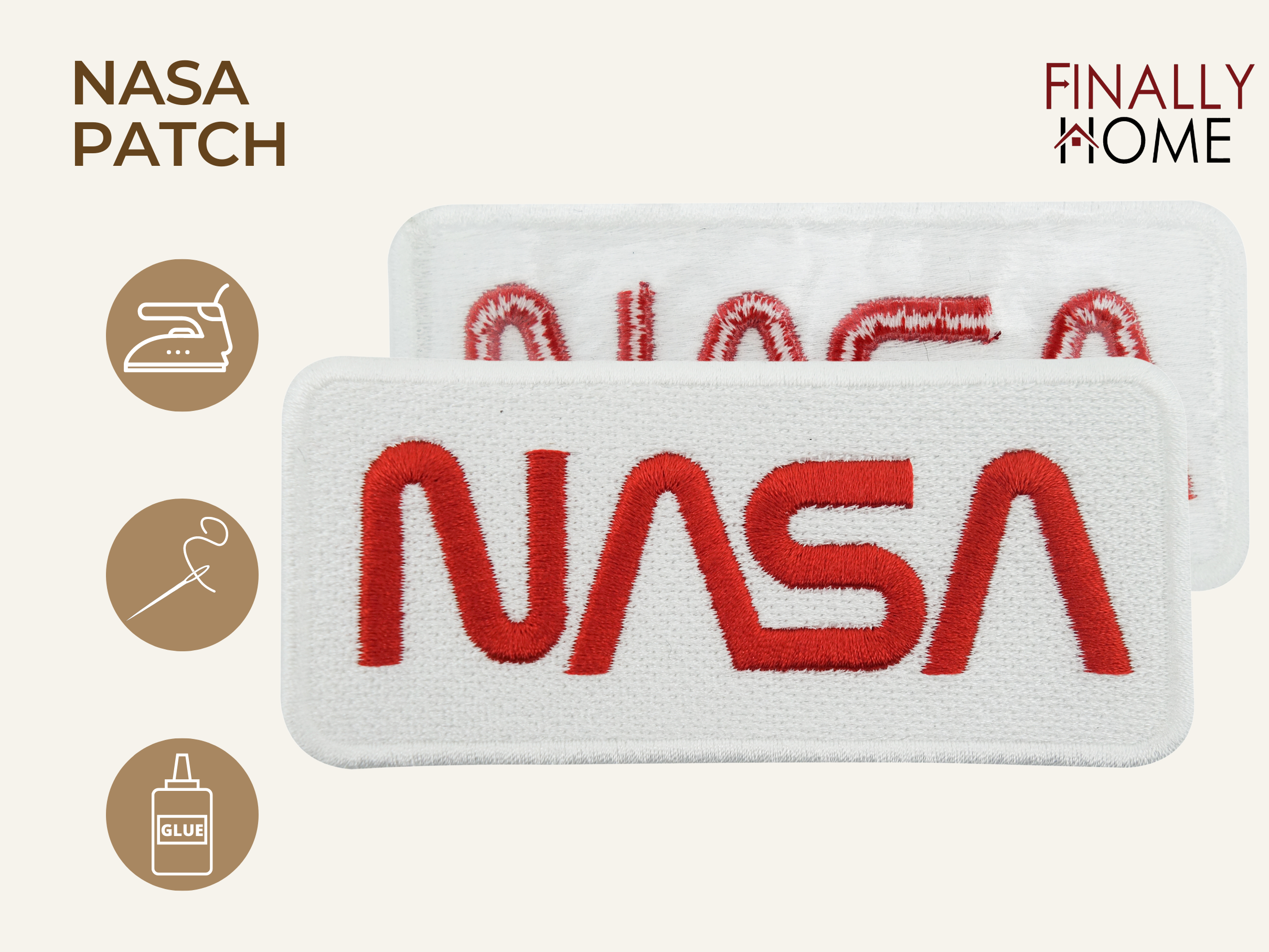 Vorder- und Rückseite des Patches, mit Bügelfolie. „Finally Home“ Logo und Nutzungsoptionen: Aufbügeln, Aufnähen, Aufkleben mit Textilkleber
