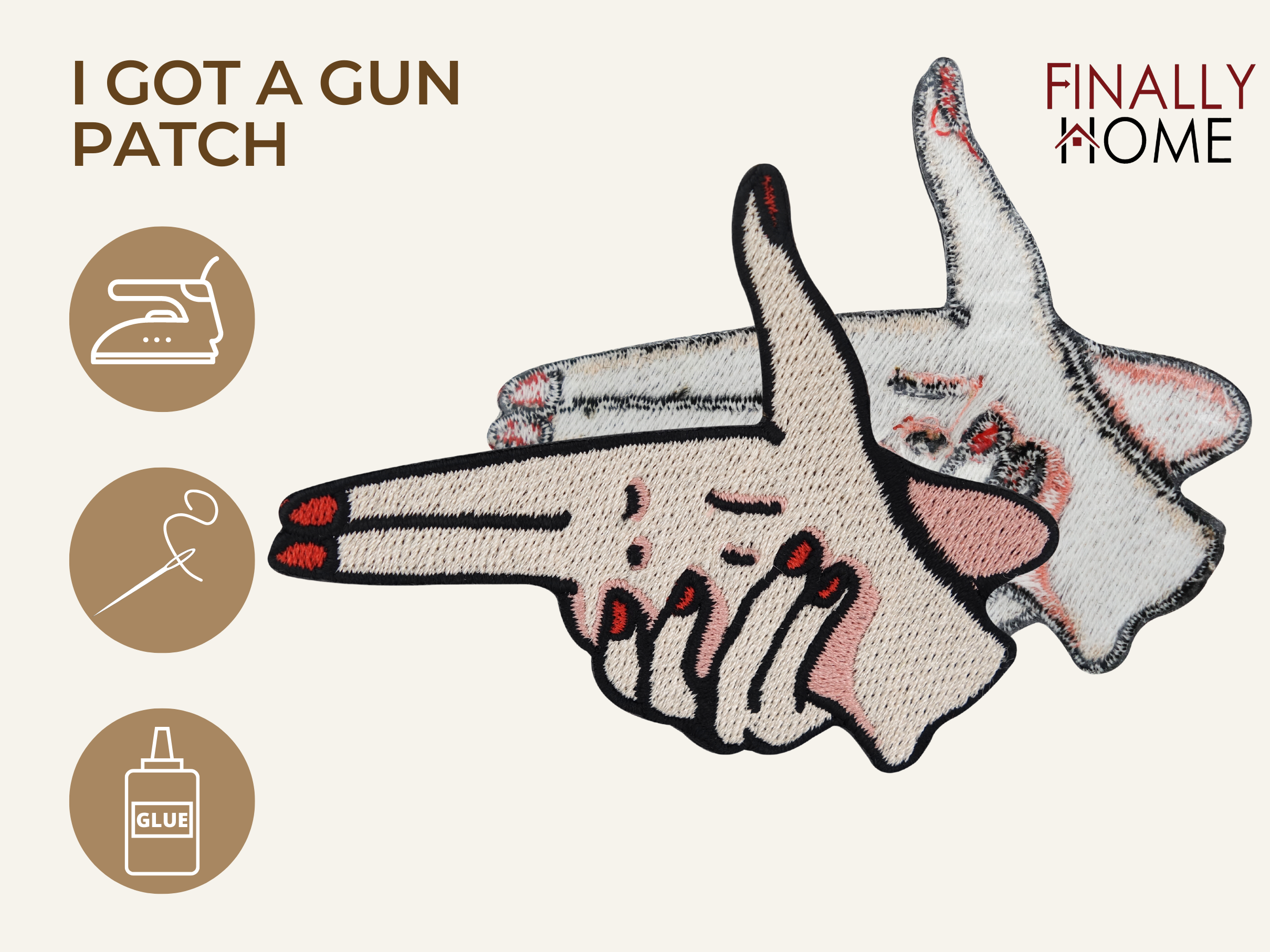 Vorder- und Rückseite des Patches, mit Bügelfolie. „Finally Home“ Logo und Nutzungsoptionen: Aufbügeln, Aufnähen, Aufkleben mit Textilkleber