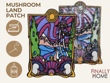 Vorder- und Rückseite des Patches, mit Bügelfolie. „Finally Home“ Logo und Nutzungsoptionen: Aufbügeln, Aufnähen, Aufkleben mit Textilkleber