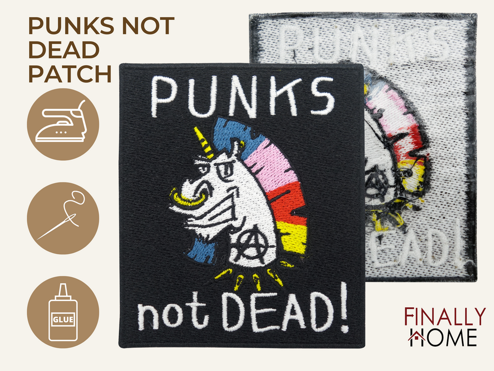 Vorder- und Rückseite des Patches, mit Bügelfolie. „Finally Home“ Logo und Nutzungsoptionen: Aufbügeln, Aufnähen, Aufkleben mit Textilkleber