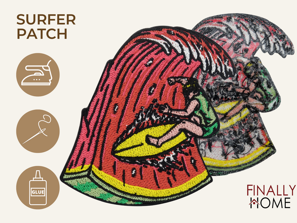 Vorder- und Rückseite des Patches, mit Bügelfolie. „Finally Home“ Logo und Nutzungsoptionen: Aufbügeln, Aufnähen, Aufkleben mit Textilkleber