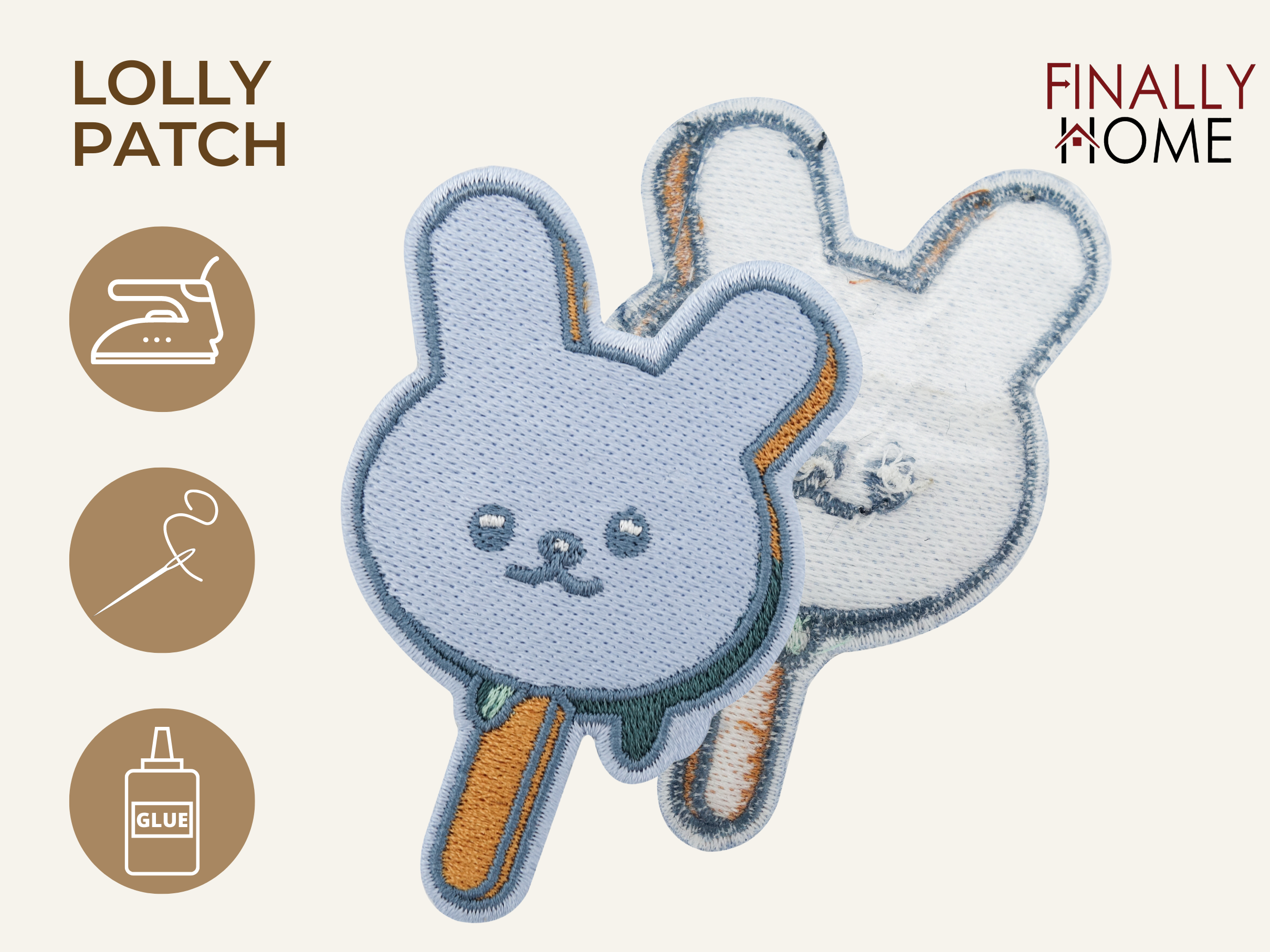 Vorder- und Rückseite des Patches, mit Bügelfolie. „Finally Home“ Logo und Nutzungsoptionen: Aufbügeln, Aufnähen, Aufkleben mit Textilkleber