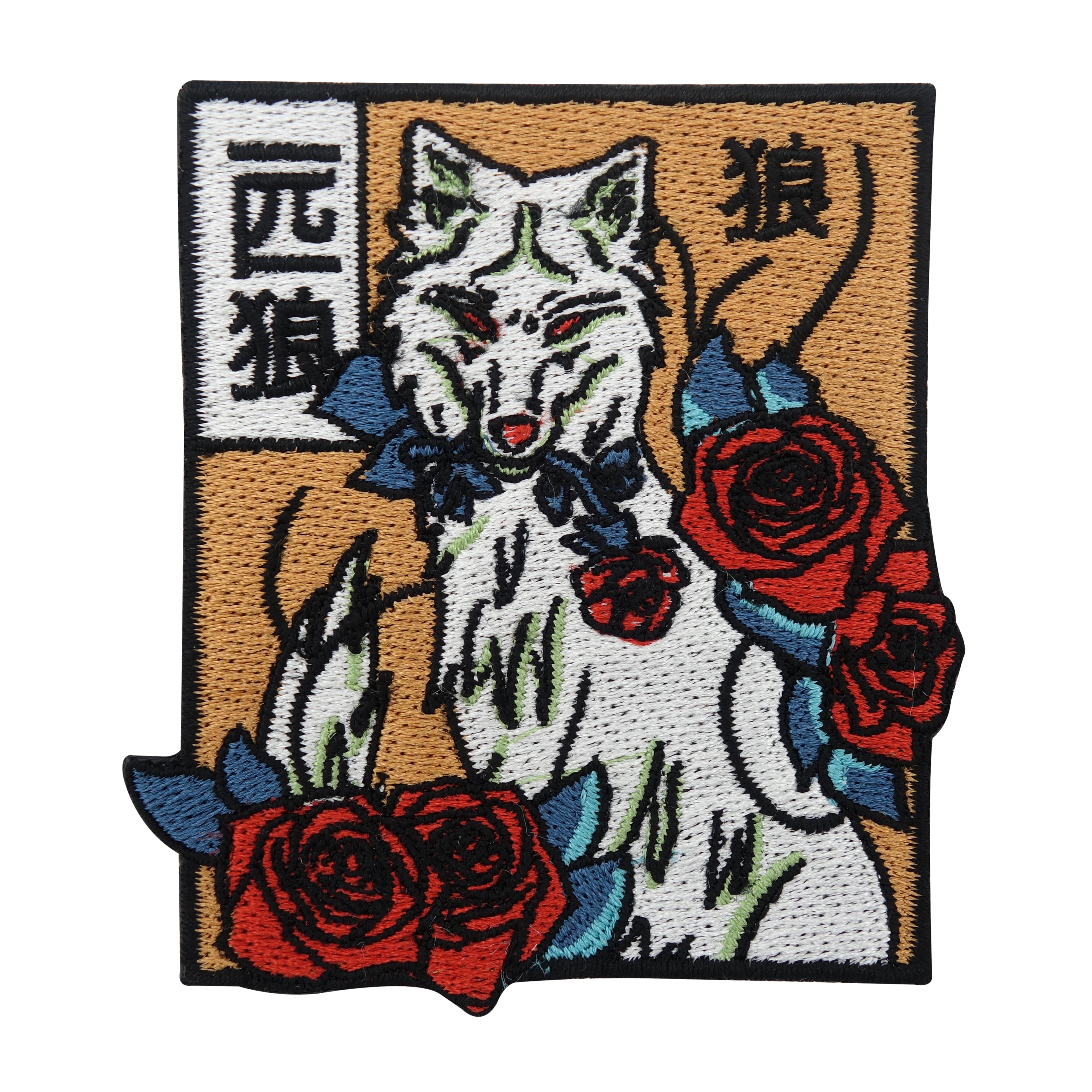 Orange-weißer Wolf mit roten Rosen  Patch