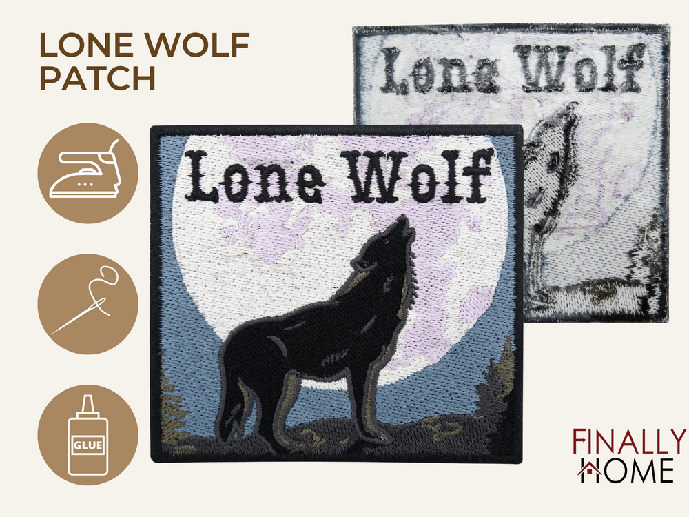 Vorder- und Rückseite des Patches, mit Bügelfolie. „Finally Home“ Logo und Nutzungsoptionen: Aufbügeln, Aufnähen, Aufkleben mit Textilkleber