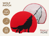 Vorder- und Rückseite des Patches, mit Bügelfolie. „Finally Home“ Logo und Nutzungsoptionen: Aufbügeln, Aufnähen, Aufkleben mit Textilkleber