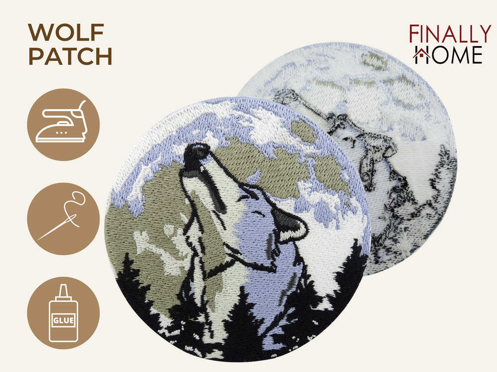 Vorder- und Rückseite des Patches, mit Bügelfolie. „Finally Home“ Logo und Nutzungsoptionen: Aufbügeln, Aufnähen, Aufkleben mit Textilkleber