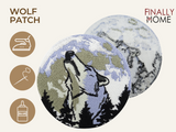 Vorder- und Rückseite des Patches, mit Bügelfolie. „Finally Home“ Logo und Nutzungsoptionen: Aufbügeln, Aufnähen, Aufkleben mit Textilkleber