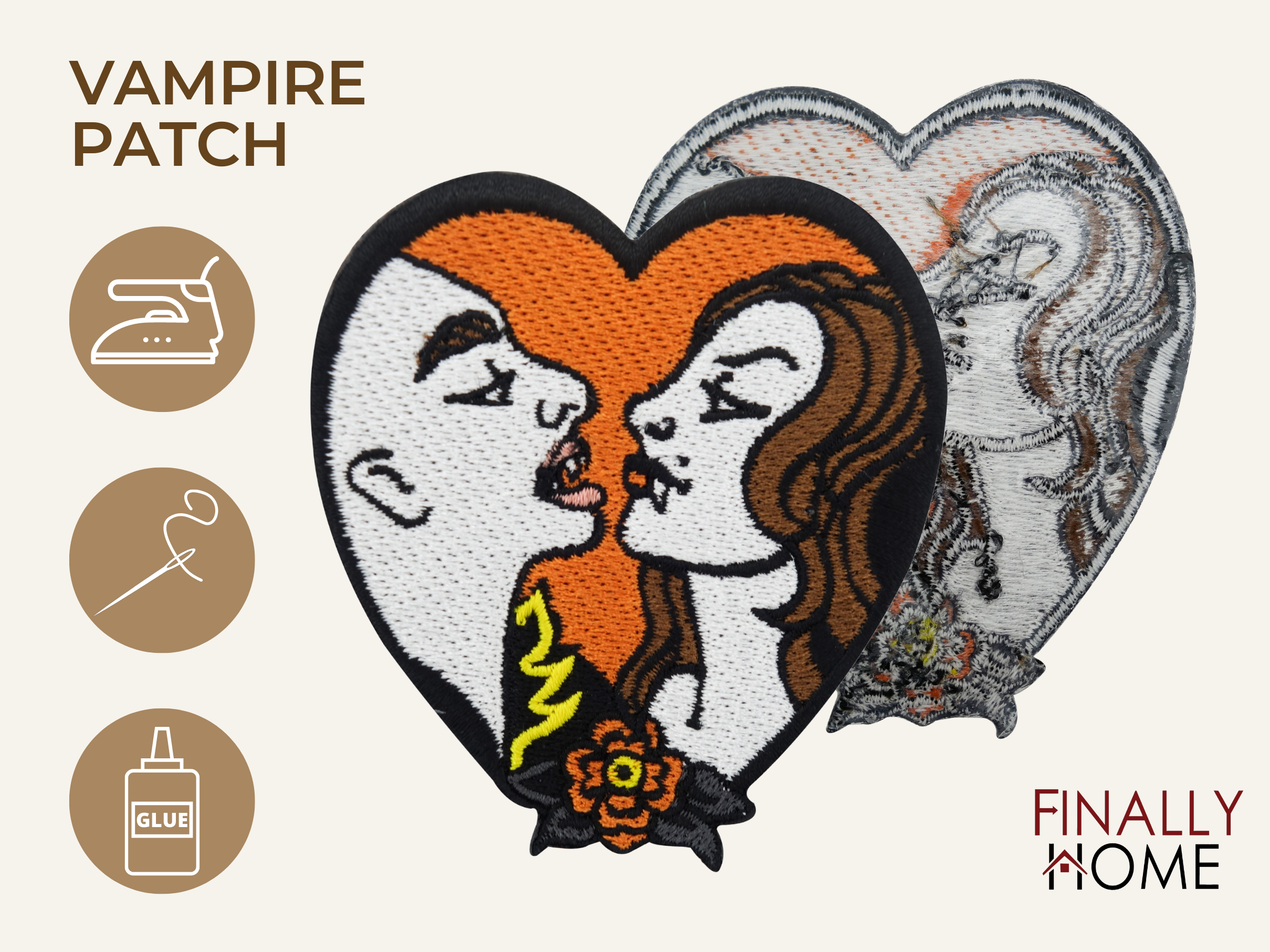 Vorder- und Rückseite des Patches, mit Bügelfolie. „Finally Home“ Logo und Nutzungsoptionen: Aufbügeln, Aufnähen, Aufkleben mit Textilkleber
