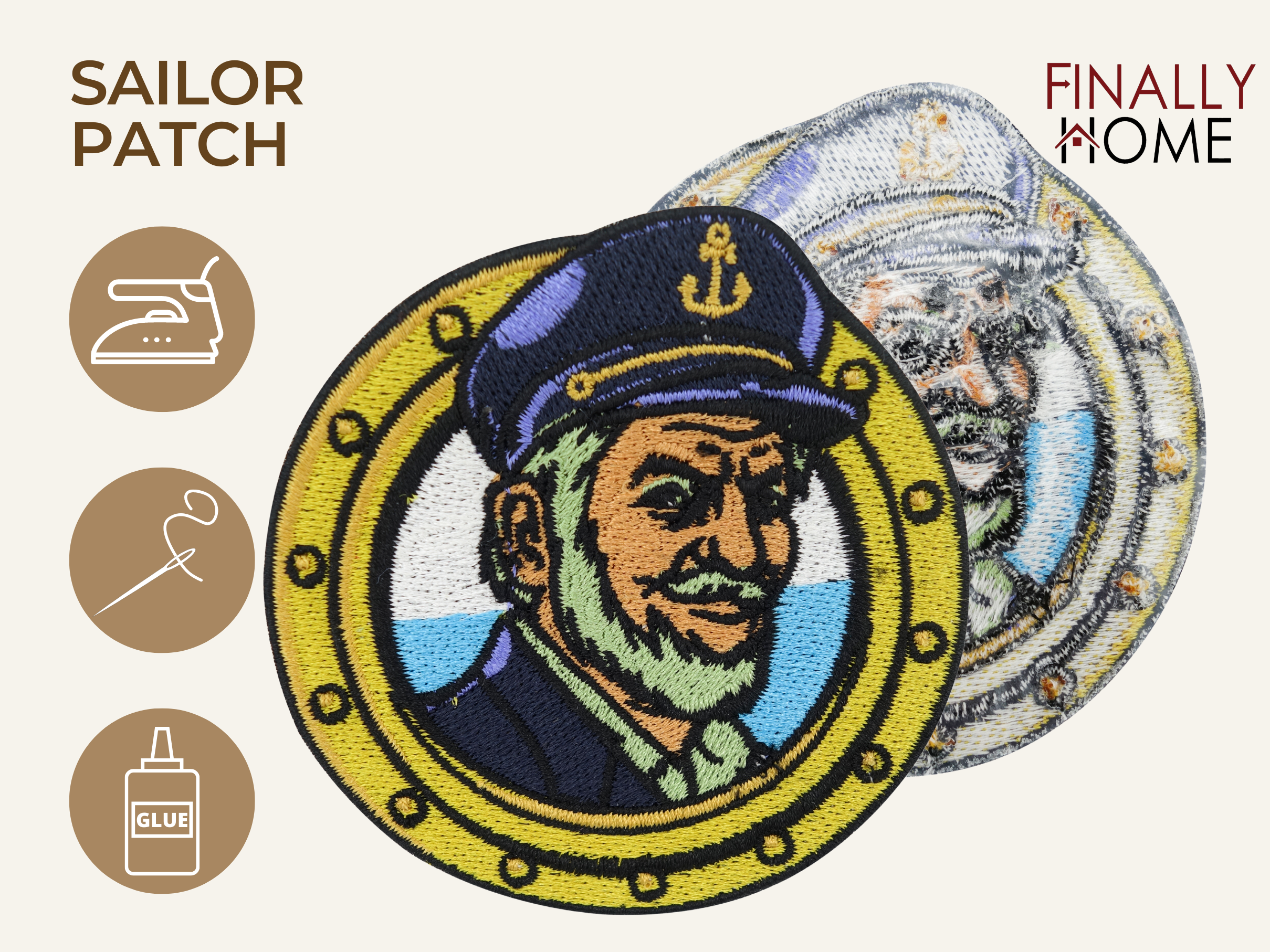 Vorder- und Rückseite des Patches, mit Bügelfolie. „Finally Home“ Logo und Nutzungsoptionen: Aufbügeln, Aufnähen, Aufkleben mit Textilkleber