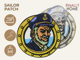 Vorder- und Rückseite des Patches, mit Bügelfolie. „Finally Home“ Logo und Nutzungsoptionen: Aufbügeln, Aufnähen, Aufkleben mit Textilkleber