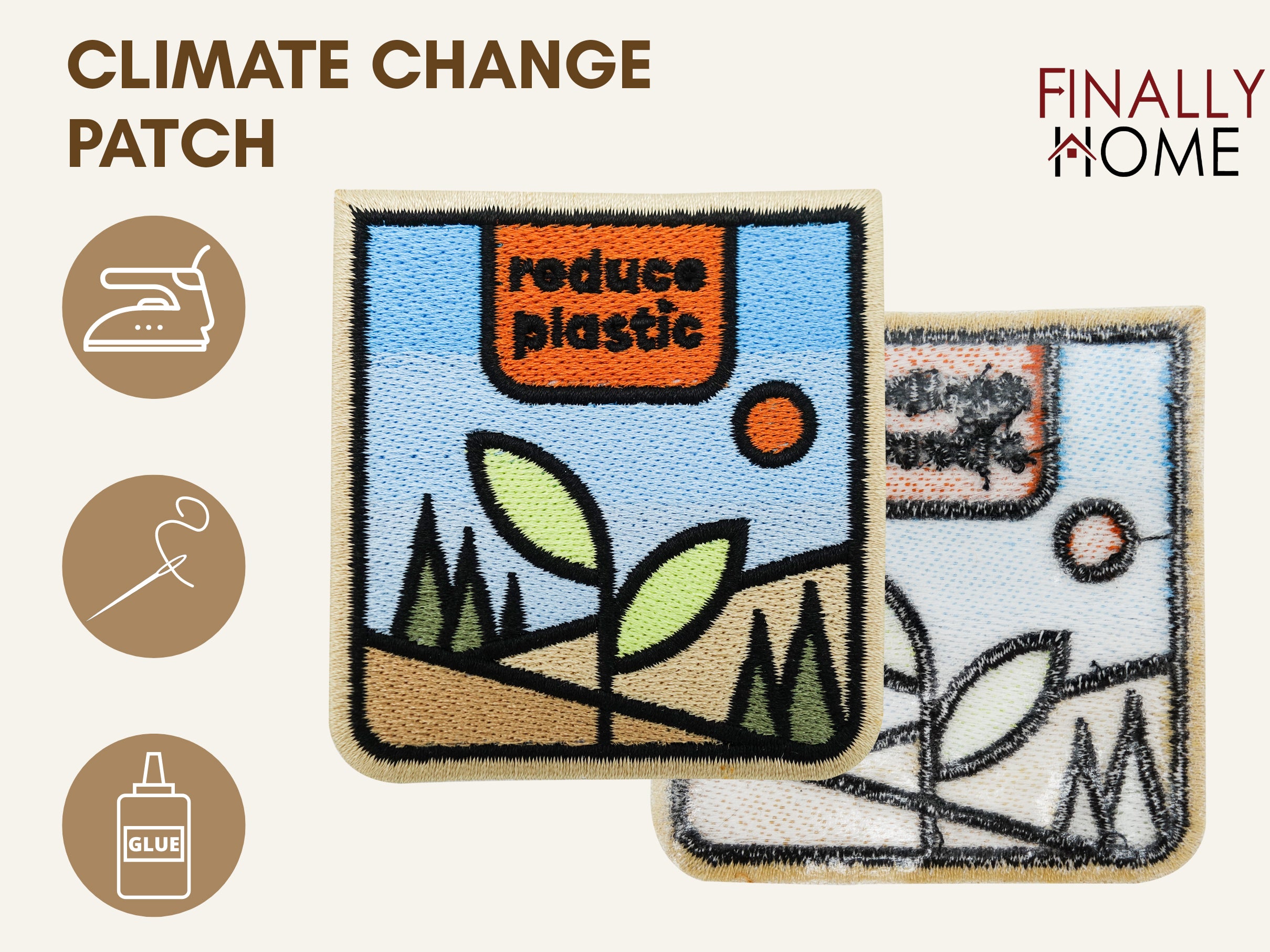 Vorder- und Rückseite des Patches, mit Bügelfolie. „Finally Home“ Logo und Nutzungsoptionen: Aufbügeln, Aufnähen, Aufkleben mit Textilkleber