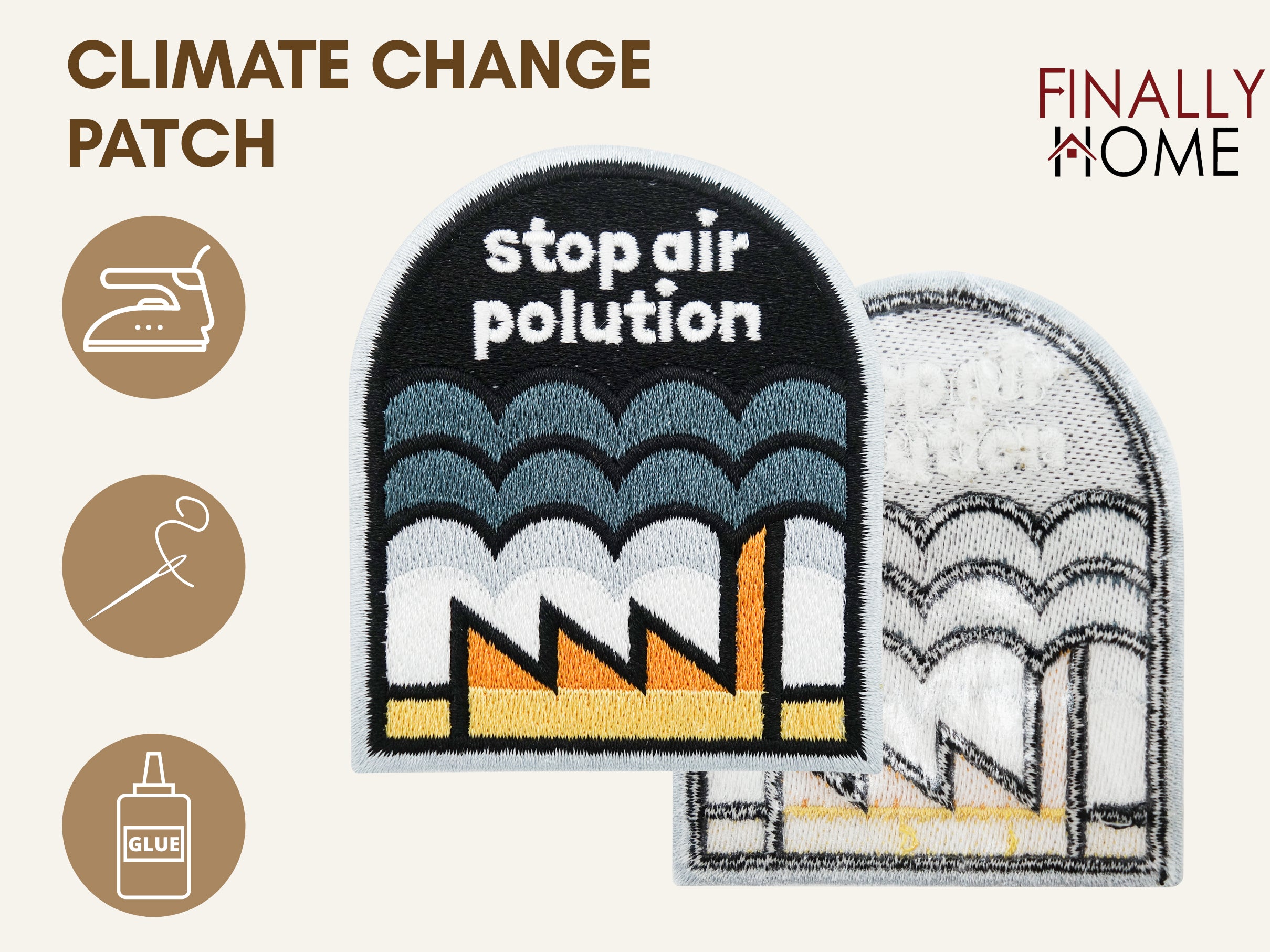 Vorder- und Rückseite des Patches, mit Bügelfolie. „Finally Home“ Logo und Nutzungsoptionen: Aufbügeln, Aufnähen, Aufkleben mit Textilkleber