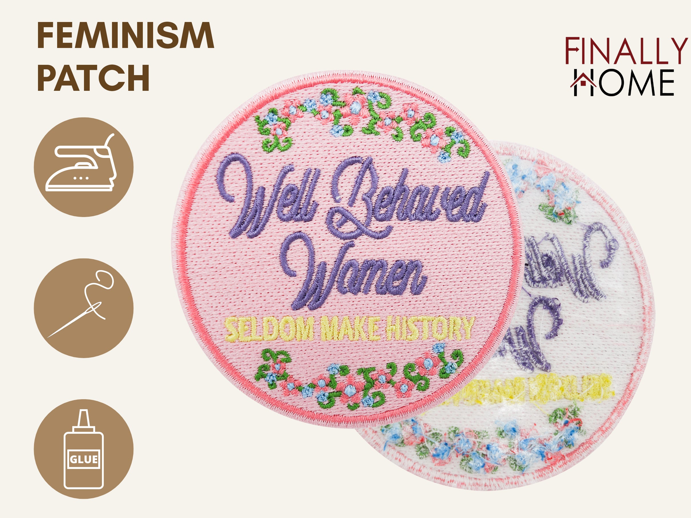 Vorder- und Rückseite des Patches, mit Bügelfolie. „Finally Home“ Logo und Nutzungsoptionen: Aufbügeln, Aufnähen, Aufkleben mit Textilkleber