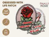 Vorder- und Rückseite des Patches, mit Bügelfolie. „Finally Home“ Logo und Nutzungsoptionen: Aufbügeln, Aufnähen, Aufkleben mit Textilkleber