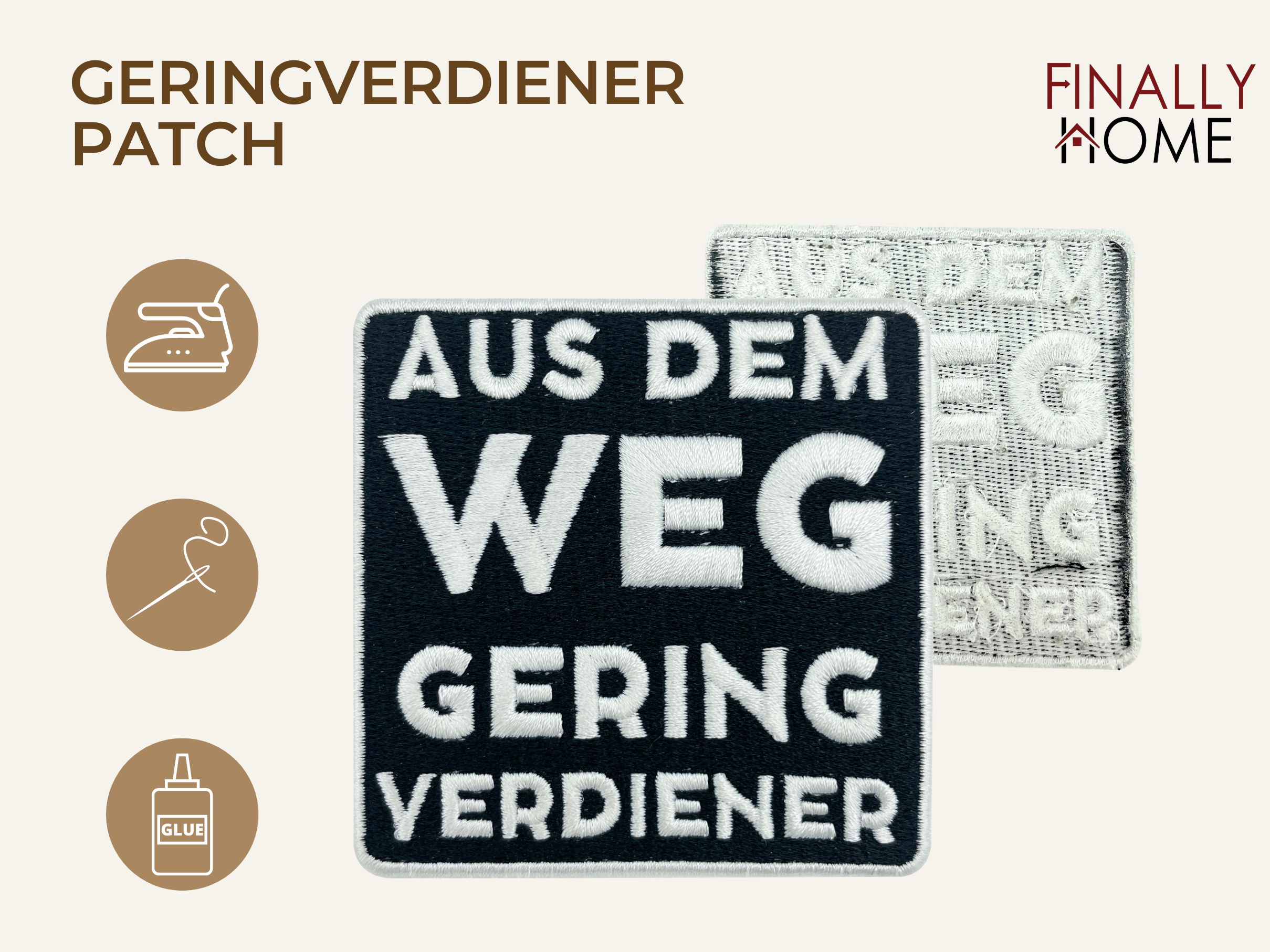 Vorder- und Rückseite des Patches, mit Bügelfolie. „Finally Home“ Logo und Nutzungsoptionen: Aufbügeln, Aufnähen, Aufkleben mit Textilkleber