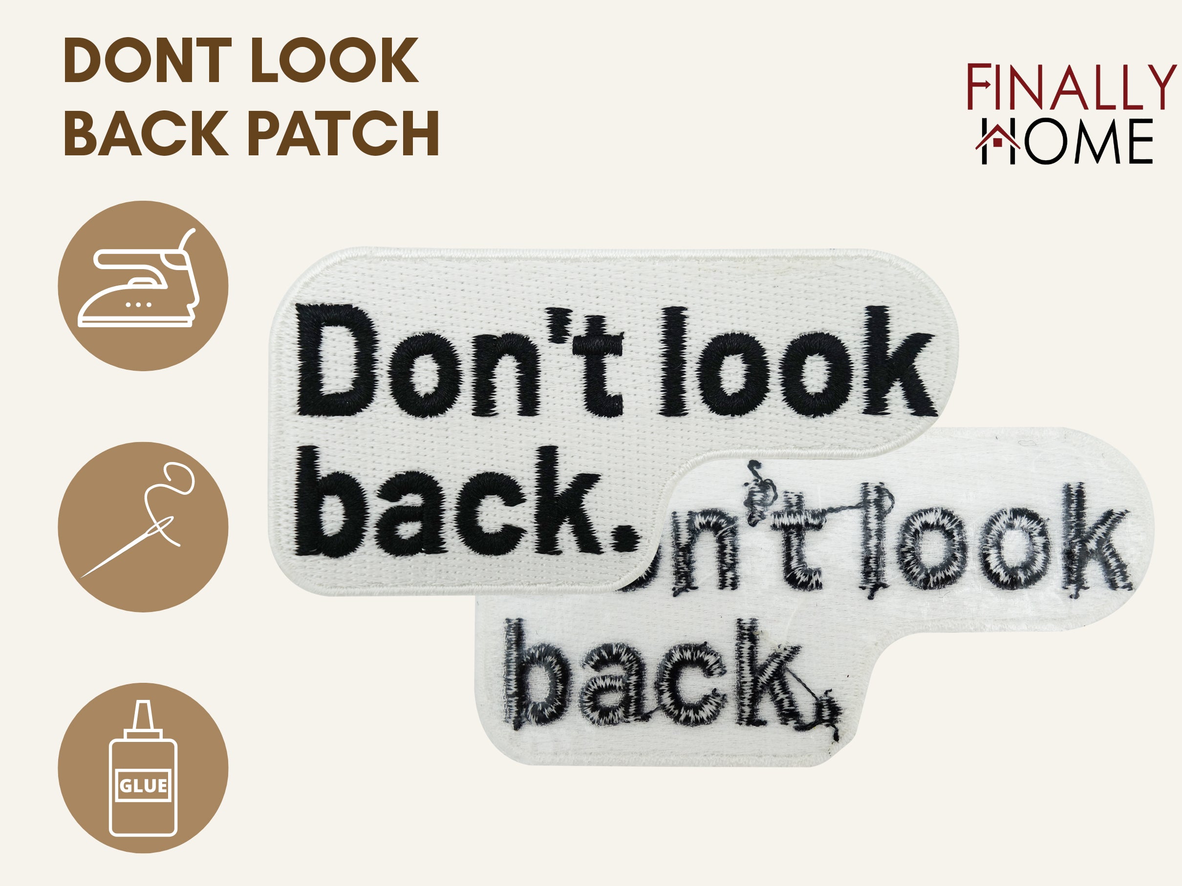 Vorder- und Rückseite des Patches, mit Bügelfolie. „Finally Home“ Logo und Nutzungsoptionen: Aufbügeln, Aufnähen, Aufkleben mit Textilkleber