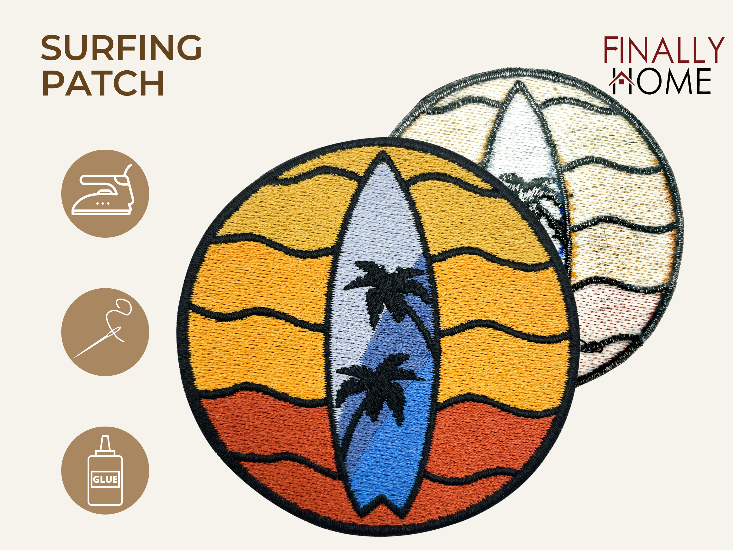 Vorder- und Rückseite des Patches, mit Bügelfolie. „Finally Home“ Logo und Nutzungsoptionen: Aufbügeln, Aufnähen, Aufkleben mit Textilkleber
