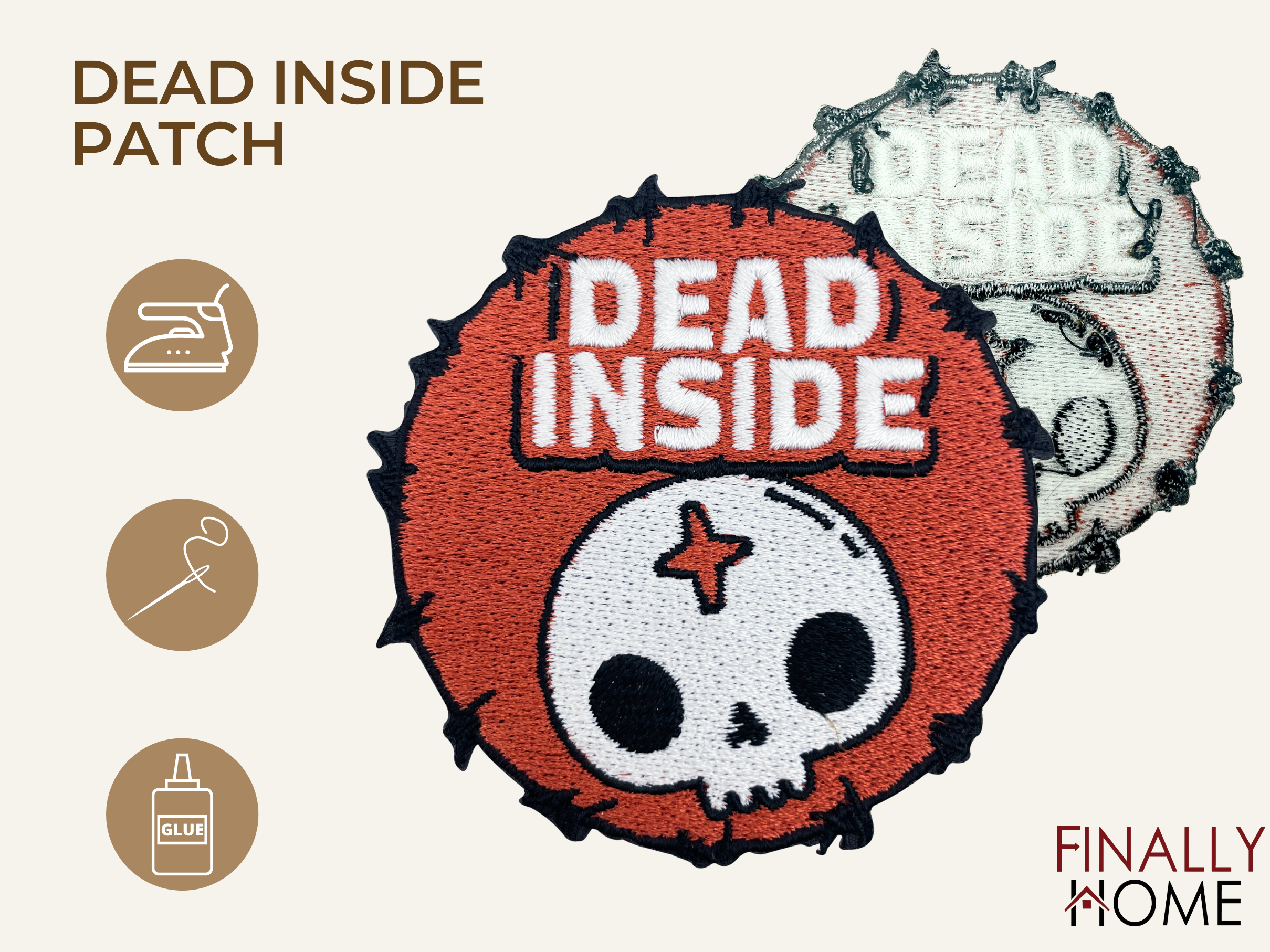 Vorder- und Rückseite des Patches, mit Bügelfolie. „Finally Home“ Logo und Nutzungsoptionen: Aufbügeln, Aufnähen, Aufkleben mit Textilkleber